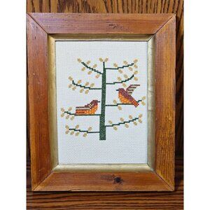 Vintage Cross-Stitch Bird Tree Art In Rustic Wood Frame